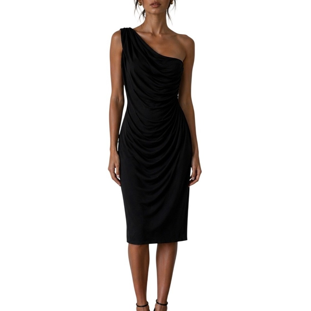 Lauren Ralph Lauren Womens Black One Shoulder Ruched Cocktail Dress‎ Size 16